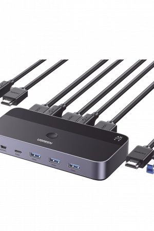 Conmutador KVM HDMI 4K | HDMI 2.0 | 2 Entradas 1 Salida | 4 Puertos USB 3.0 (3 USB-A *1 USB-C) | Soporta 4K@60Hz | HDR | Indicador Led | Compatible Win, MacOs y Linux | Carcasa de Aluminio.