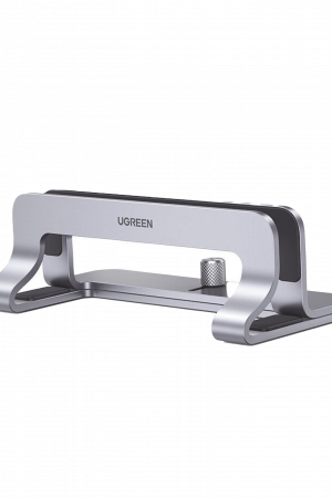 Soporte Vertical para Laptop / Adecuado para escritorio / Anchura Ajustable (12-26mm) / Amplia compatibilidad / Anti-Arañazos / Anti-Deslizante /Ajustable Mediante Tornillos / Color Plata / Aluminio + Silicona
