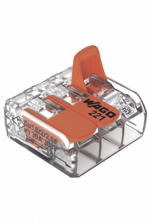 Borna de Conexión con Palancas / 3 Conductores / CAGE CLAMP® / 6 mm² (10 AWG) Máximo / 32A 450V / Transparente / Palancas Naranja / TB85