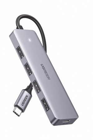 HUB USB-C 3.0 4 EN 1 | 4 Puertos USB-A (5Gbps) | Carcasa ABS + PC | Soporta OTG | Luz Indicadora LED | Compatible con iPhone 15 Pro MAX) | Interfaz Niquelada | Color Gris Metalizado | Cable de 15cm.
