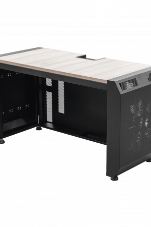 Consola Profesional para Monitoreo o Computo | Ranura para Base de Monitores | Microperforaciones | Luces LED Decorativas | Tomacorriente HTCM1U10C | Tapas Organizadoras de Cables | Niveladores | Rack para Montaje de Equipos | Ranura Pasaca