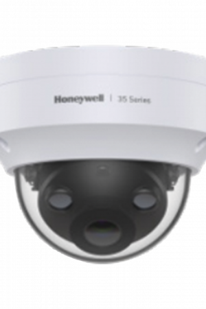Domo IP 5 Megapíxeles / Lente 2.8 mm / 40 mts IR / Ultra Baja Iluminación /  NDAA / ONVIF / IP67 / IK10 / IA (Filtro de Humanos y Vehiculos) / Conteo de Personas / Merodeo / H.265 / PoE / Alarmas I/O / Serie 35 / Honeywell Security