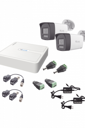 Kit HiLook Audio Bidireccional TurboHD 1080p / DVR 4 Canales / 2 Cámaras Bala (Exterior) con Bocina y Microfóno Integrado / 2 Fuentes de Poder / Accesorios