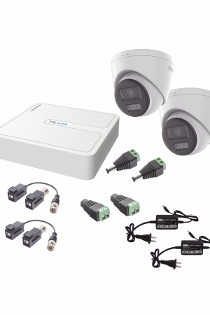 Kit HiLook Audio Bidireccional TurboHD 1080p / DVR 4 Canales / 2 Cámaras Turret (Exterior) con Bocina y Microfóno Integrado / 2 Fuentes de Poder / Accesorios
