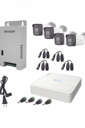 Kit HiLook Audio Bidireccional TurboHD 1080p / DVR Metalico 4 Canales / 4 Cámaras Bala (Exterior) con Bocina y Micrófono Integrado / 1 Fuente de Poder / Accesorios