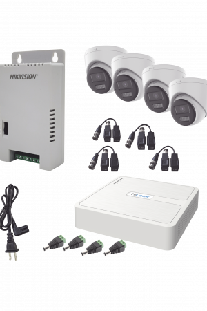Kit HiLook Audio Bidireccional TurboHD 1080p / DVR 4 Canales / 4 Cámaras Eyeball (Exterior) con Bocina y Microfóno Integrado / 1 Fuente de Poder / Accesorios
