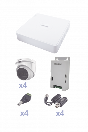 KIT TurboHD con Audio 1080p / DVR 4 Canales / 4 Cámaras Domo (exterior 2.8 mm) / Transceptores / Conectores / Fuente de Poder / AUDIO POR COAXITRON