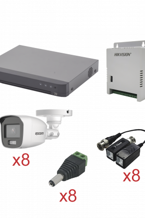 KIT TurboHD con Audio 1080p / DVR 8 Canales / 8 Cámaras Bala (exterior 2.8 mm) / Transceptores / Conectores / Fuente de Poder / AUDIO POR COAXITRON