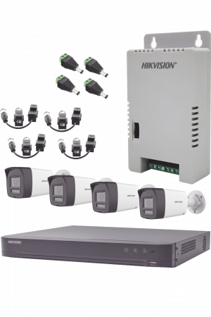 Kit Audio Bidireccional TurboHD 4K-3K / DVR 4 Canales 4K / 4 Cámaras Bala (Exterior) con Bocina y Microfóno Integrado 3K / 1 Fuentes de Poder / Accesorios