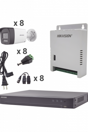 Kit Audio Bidireccional TurboHD 4K-3K / DVR 8 Canales 4K / 8 Cámaras Bala (Exterior) con Bocina y Microfóno Integrado 3K / 1 Fuentes de Poder / Accesorios
