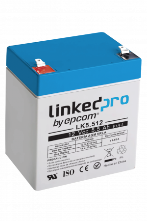 Batería 12 V / 5.5 Ah / UL / Vida útil promedio 5 años / Tecnología AGM / Para uso en equipo electrónico, Alarmas de Intrusión / Incendio/ Control de acceso / Video Vigilancia / Terminales F1 ( Incluye adaptador F