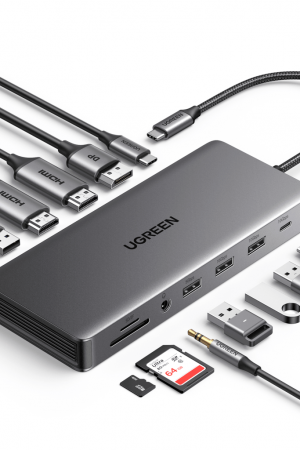 Docking Station USB-C 12 en 1 / 2 HDMI 4K@60Hz + DisplayPort 4K@60Hz / 6 Puertos USB (3.2 y 3.0) / Gigabit Ethernet / Lector SD/TF / Audio 3.5mm / PD 100W / Compatibilidad Multiplataforma