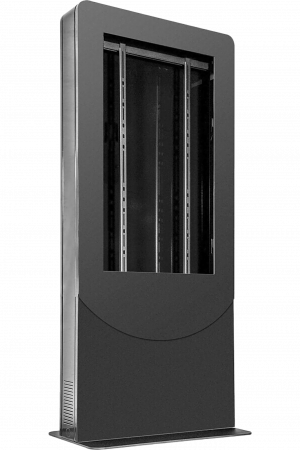 Kiosko tipo Vertical color negro para Pantallas 55" / Construcción Totalmente en Acero / Base Plana / 6 Tomas Eléctricas con Supresor de Picos / Ventilación Termostática / Capacidad de Carga 125-150 lb (56-68 kg)