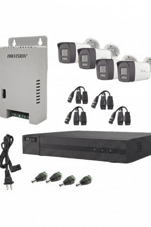 Kit HiLook Audio Bidireccional TurboHD 1080p / DVR Metalico 4 Canales / 4 Cámaras Bala (Exterior) con Bocina y Micrófono Integrado / 1 Fuente de Poder / Accesorios