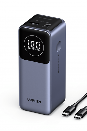 Power Bank de 12000mAh | 2 Salidas 100W Max. | USB-A + 1 USB-C | PD 3.0 | QC3.0 | FCP | SCP | Pantalla Inteligente | Carcasa Ignifuga | Color Gris | Incluye Cable USB de 50cm | Carga tu Laptop de Manera Segura.