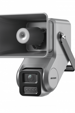 Cámara IP 4 Megapixel + Bocina IP Integrada / Lente Motorizado 2.8 a 12 mm / 7 Watts de Potencia / Exterior IP67 / PoE+ / Metal / DualLight (50 mts IR 20 mts Luz Blanca) /2 Micrófonos Integrados / MicroSD